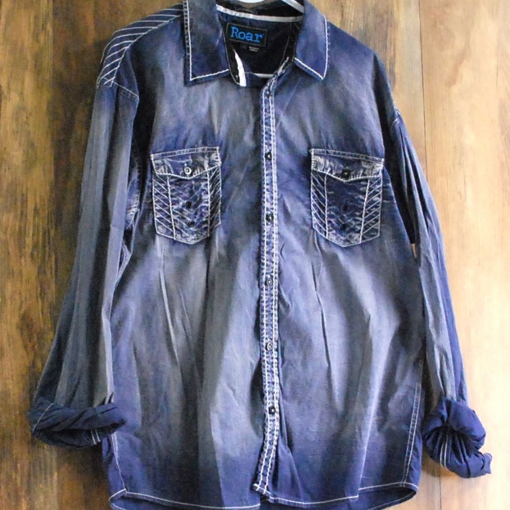 Roar Signature Button Down Embroidered Shirt Blue Men's XL